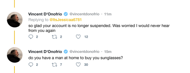 Illustration for article titled Head Over Heels: Vincent D’Onofrio Is Falling Deeply In Love With A Twitter Spambot Trying To Sell Him Ray-Bans